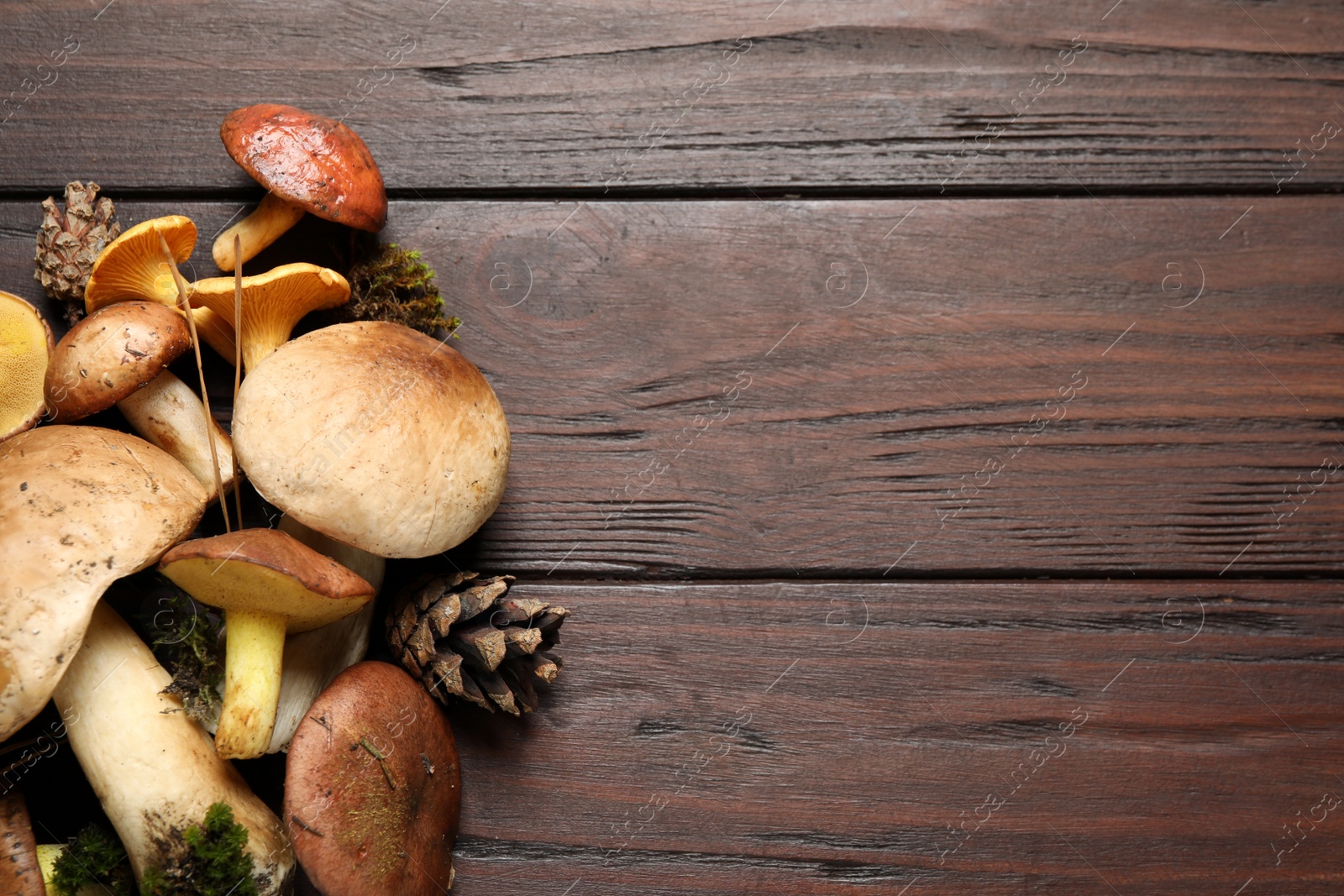 Photo of Flat lay composition with fresh mushrooms on wooden table, space for text