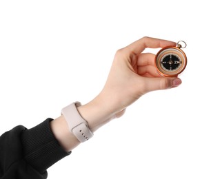 Photo of Woman holding compass on white background, closeup