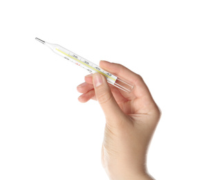 Woman holding mercury thermometer on white background, closeup