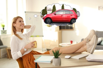 Image of Young woman dreaming about new car in office during break