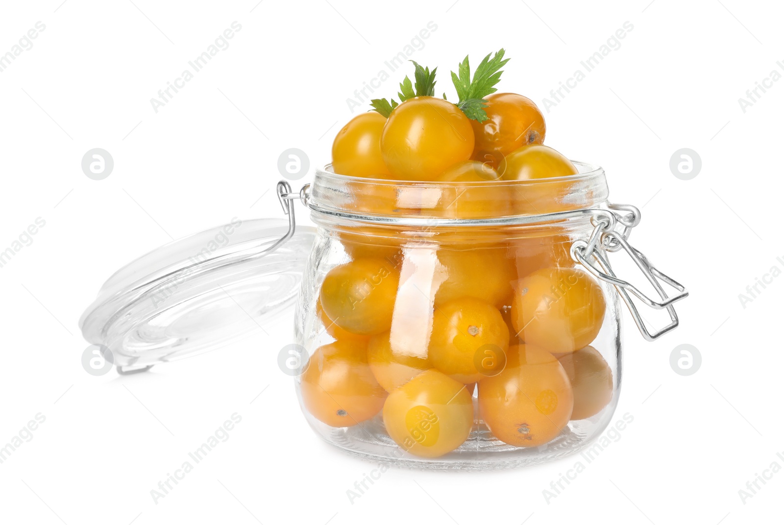 Photo of Pickling jar with fresh yellow tomatoes isolated on white