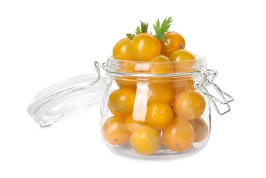 Photo of Pickling jar with fresh yellow tomatoes isolated on white