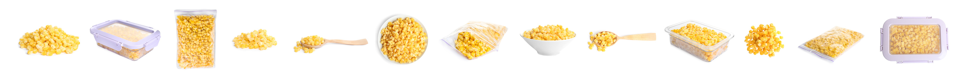 Image of Set of frozen corn kernels on white background. Vegetable preservation