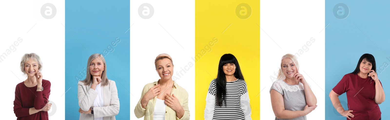 Image of Beautiful ladies on different color backgrounds, collection of photos