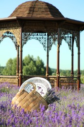 Photo of Wicker bag with beautiful lavender flowers on chair in field outdoors