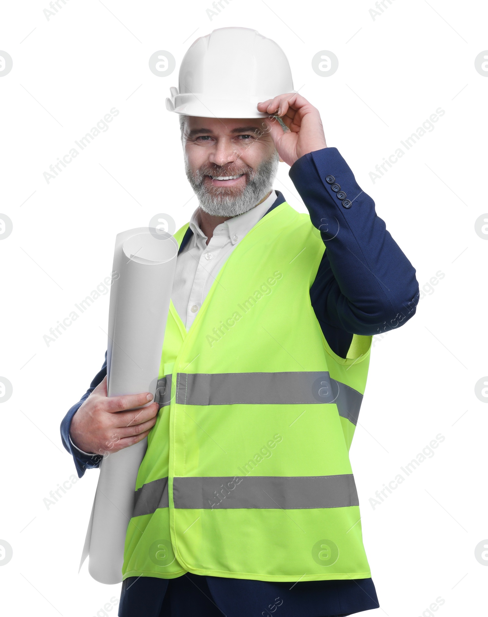 Photo of Architect in hard hat holding draft on white background