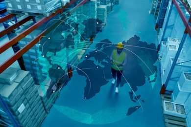 Image of Worldwide logistics. Man with tablet working at warehouse and illustration of map, above view