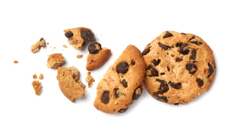 Photo of Tasty chocolate cookies on white background, top view