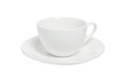 Photo of Ceramic cup with saucer isolated on white