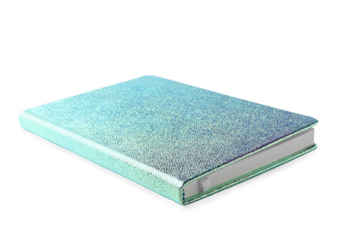 Photo of Stylish shiny notebook isolated on white. Office stationery