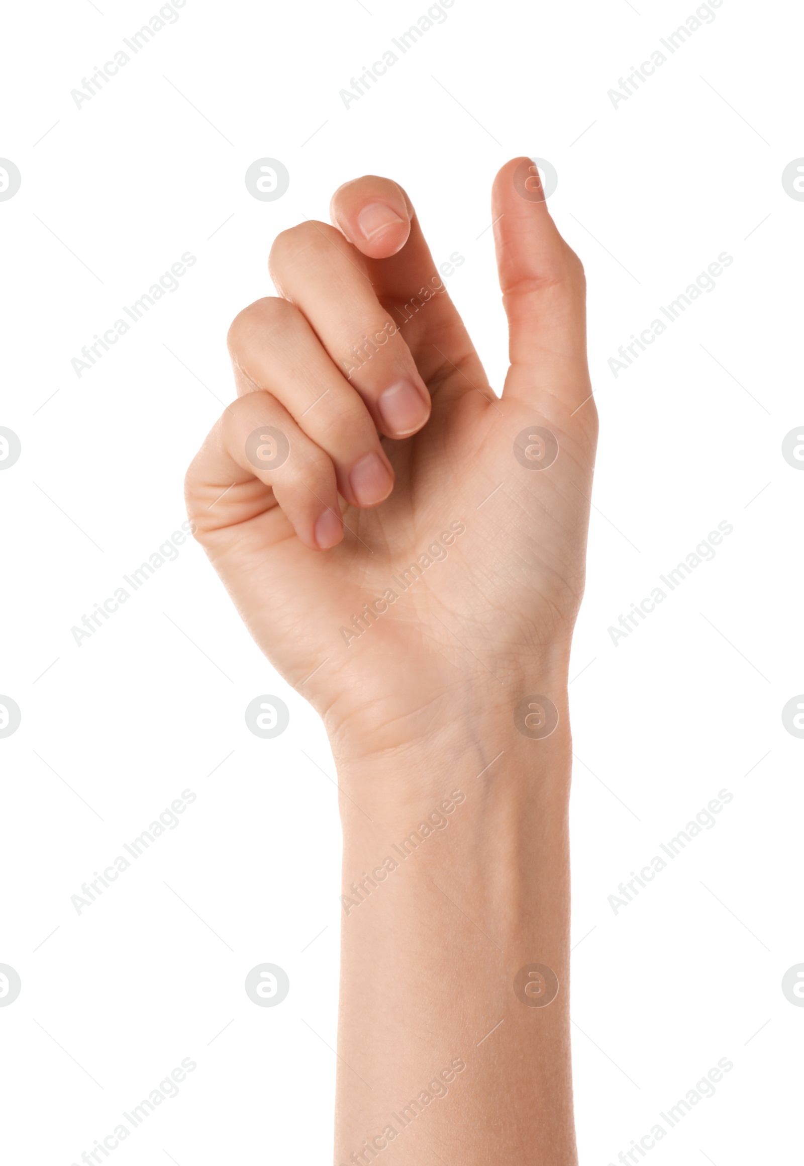 Photo of Woman holding something on white background, closeup of hand