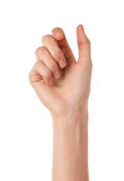 Photo of Woman holding something on white background, closeup of hand