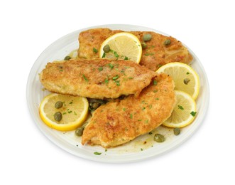 Photo of Delicious chicken piccata with herbs isolated on white