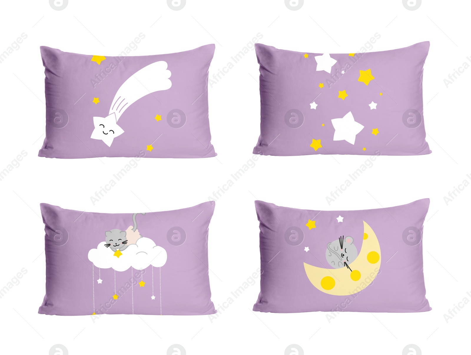 Image of Soft pillows with cute prints isolated on white, set