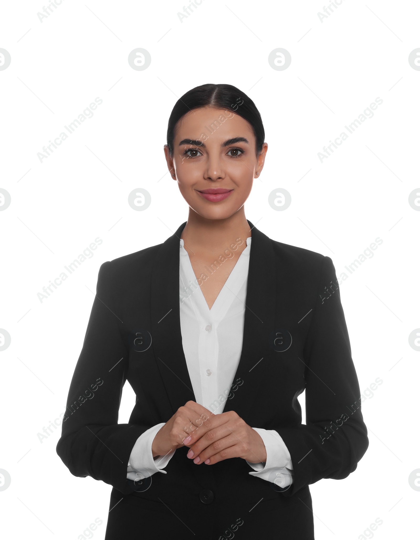 Photo of Portrait of hostess in uniform on white background