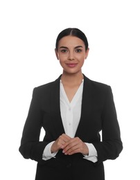 Photo of Portrait of hostess in uniform on white background