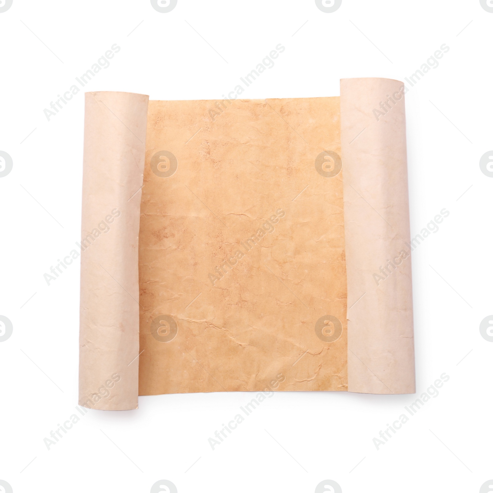 Photo of Sheet of old parchment paper on white background, top view