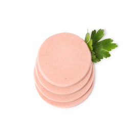 Slices of delicious boiled sausage with parsley on white background, top view