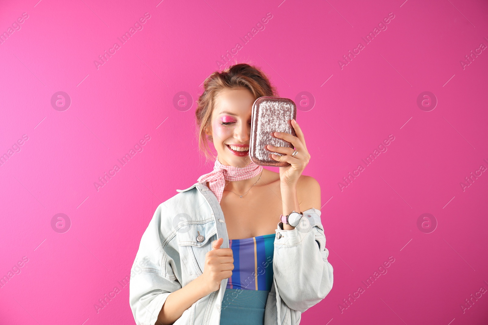 Photo of Beautiful young woman posing on color background. Summer fashion