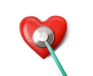 Photo of Red heart and stethoscope on white background, top view. Cardiology concept