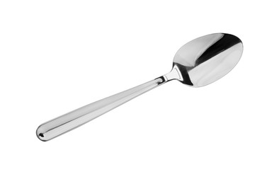 Photo of One new clean spoon isolated on white, top view
