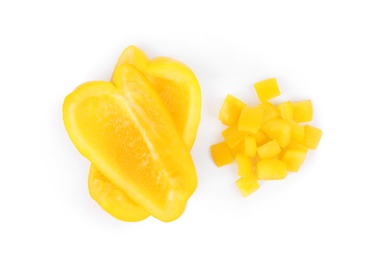 Cut yellow bell pepper isolated on white, top view