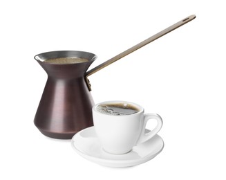 Metal turkish coffee pot and cup of hot drink on white background