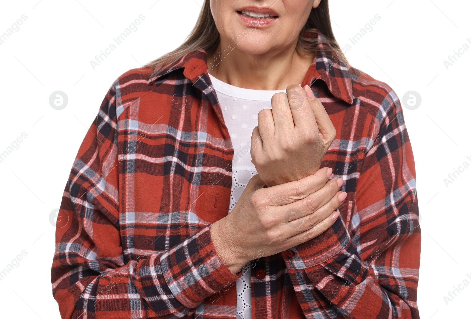 Photo of Arthritis symptoms. Woman suffering from pain in wrist on white background, closeup