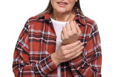 Arthritis symptoms. Woman suffering from pain in wrist on white background, closeup