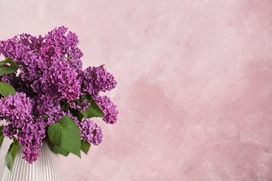 Photo of Beautiful lilac flowers in vase on light background, space for text