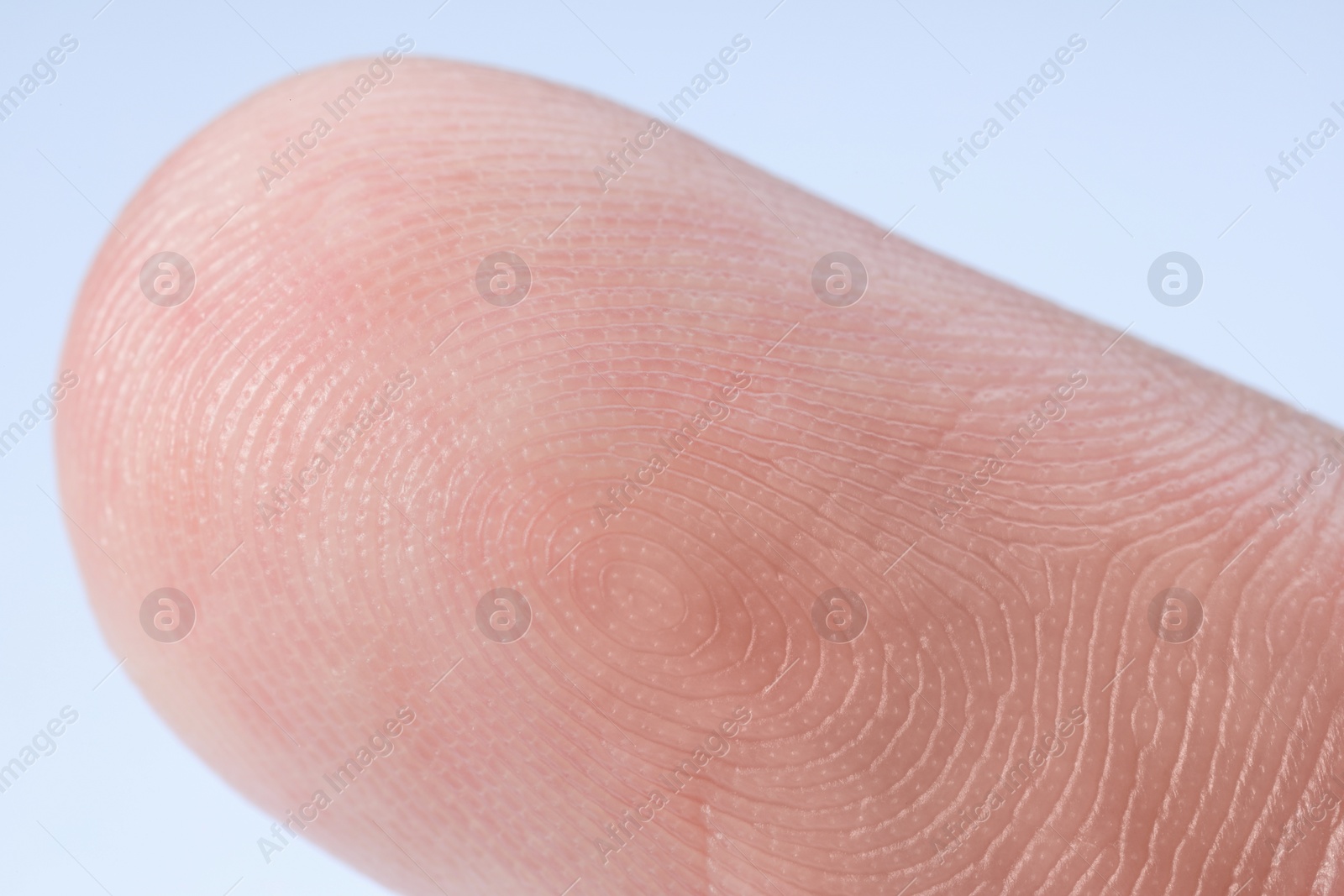 Photo of Finger with friction ridges on light blue background, macro view