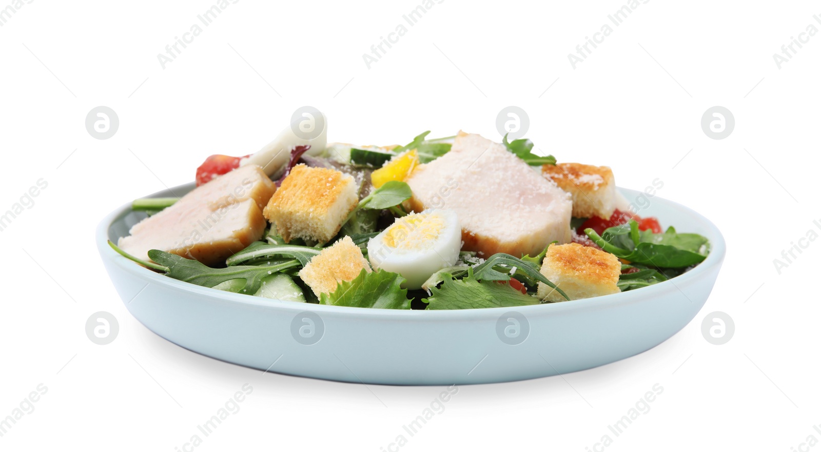 Photo of Delicious salad with croutons, chicken and eggs isolated on white