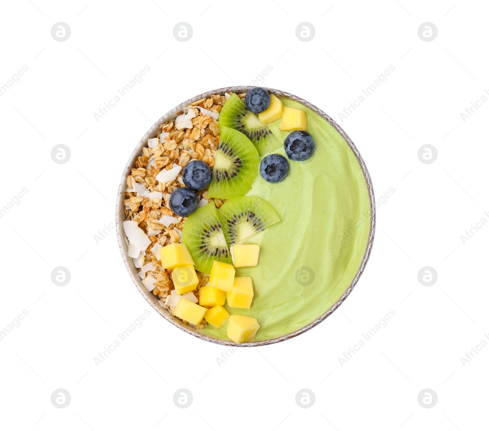 Photo of Tasty matcha smoothie bowl served with fresh fruits and oatmeal isolated on white, top view. Healthy breakfast