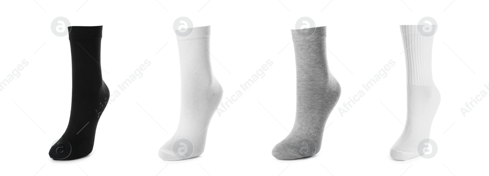 Image of Set with different socks on white background. Banner design