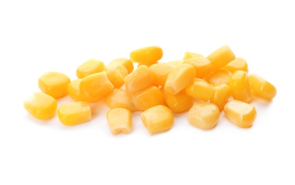 Tasty ripe corn kernels on white background