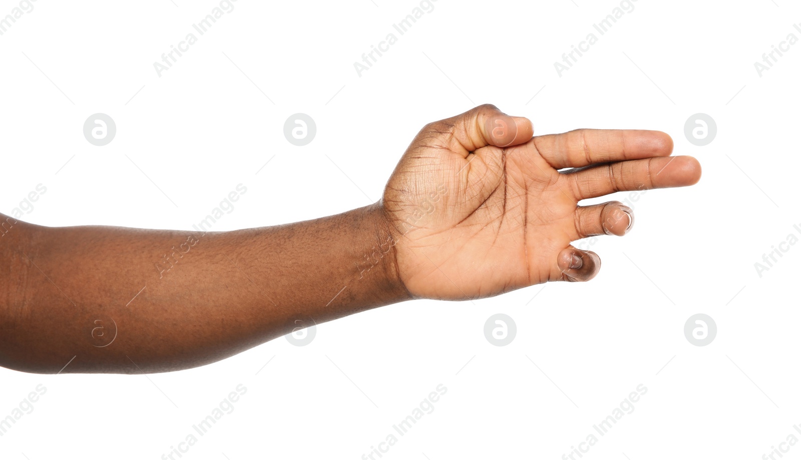 Photo of African-American man showing hand gesture on white background, closeup