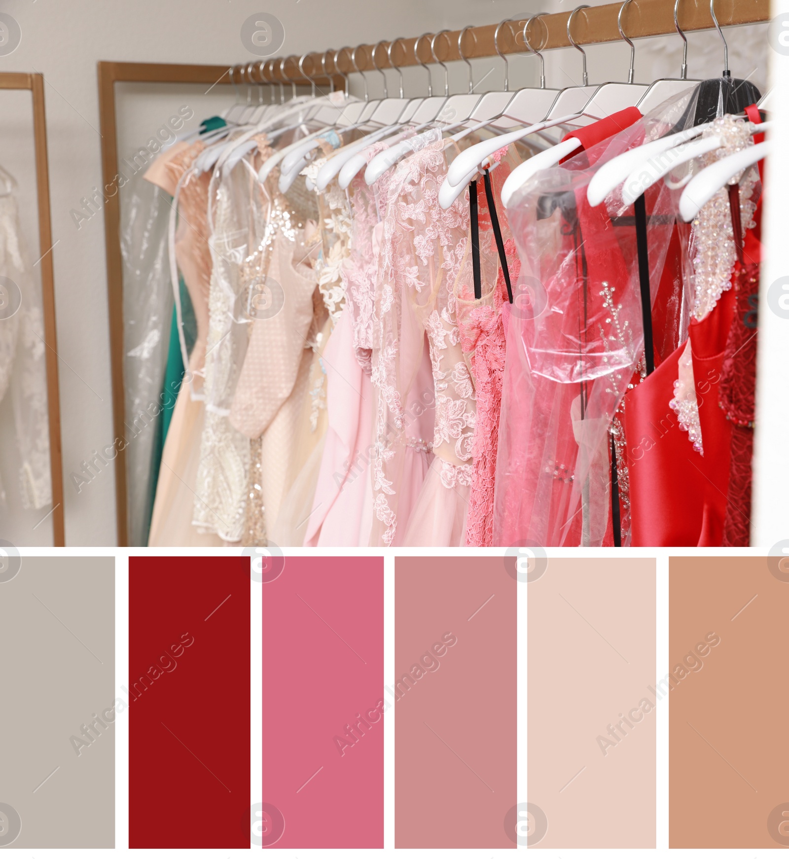 Image of Color palette appropriate to photo of dresses in boutique on rack in room