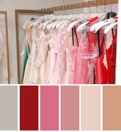 Color palette appropriate to photo of dresses in boutique on rack in room