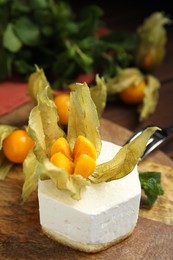 Delicious dessert decorated with physalis fruit on wooden table, closeup