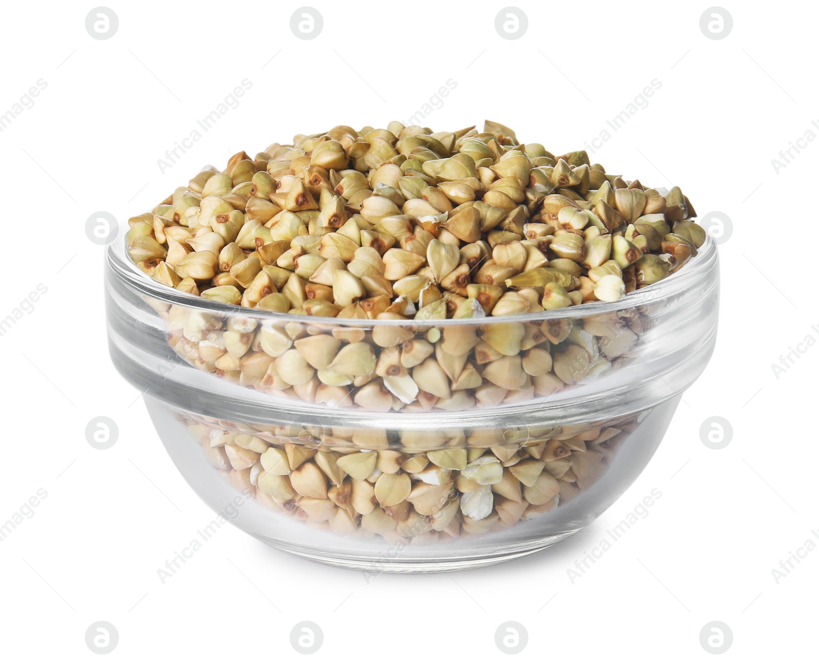 Photo of Uncooked green buckwheat grains in bowl isolated on white