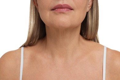 Photo of Mature woman with healthy skin on white background, closeup