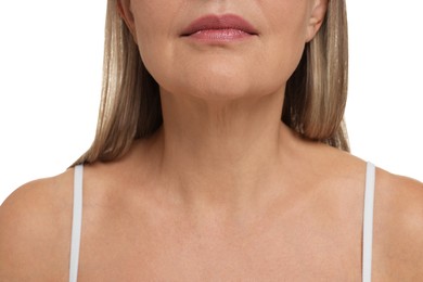 Mature woman with healthy skin on white background, closeup