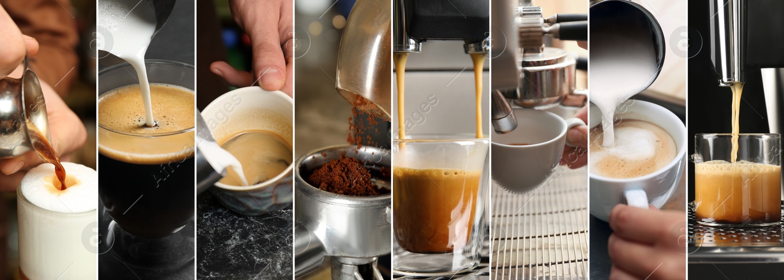 Image of Beautiful collage with different photos of aromatic coffee. Banner design