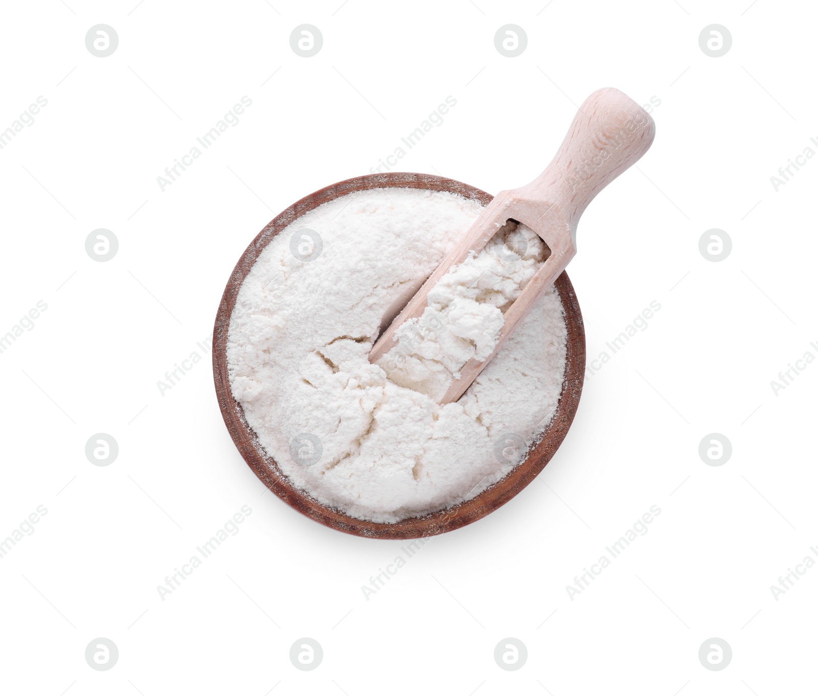 Wooden bowl with bean flour and scoop isolated on white, top view Photo of Wooden bowl with bean flour and scoop isolated on white, top view