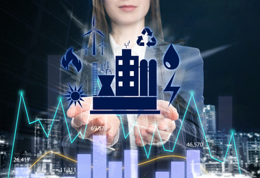 Image of Multiple exposure of female engineer, diagram and night cityscape, closeup 