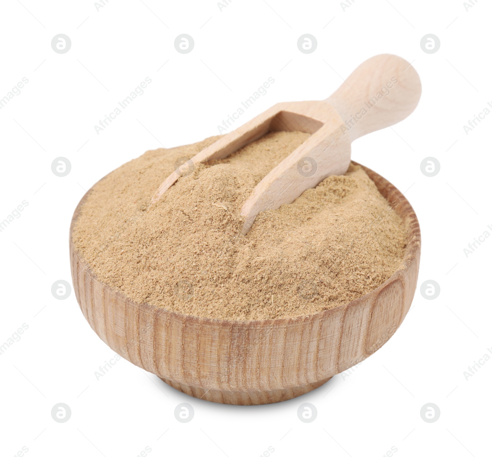 Photo of Dietary fiber. Psyllium husk powder in bowl and scoop isolated on white