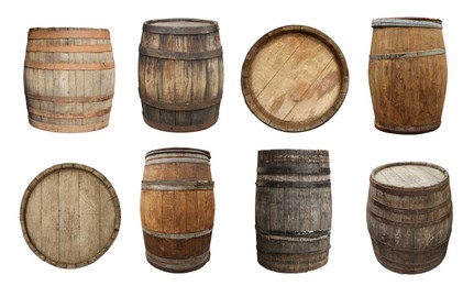 Image of Different wooden barrels isolated on white, top and side views. Collage design