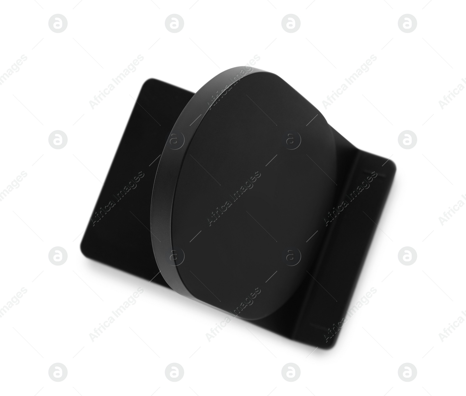 Photo of Black wireless charger isolated on white, top view. Modern technology