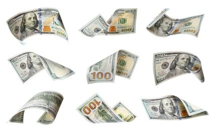 Dollar banknotes flying on white background, collage 