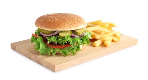 Photo of Delicious burger with beef patty and french fries isolated on white